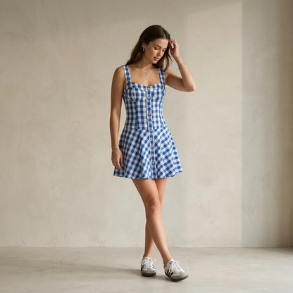 Natural lifestyle image of a model wearing Blue Plaid Slip Mini Dress