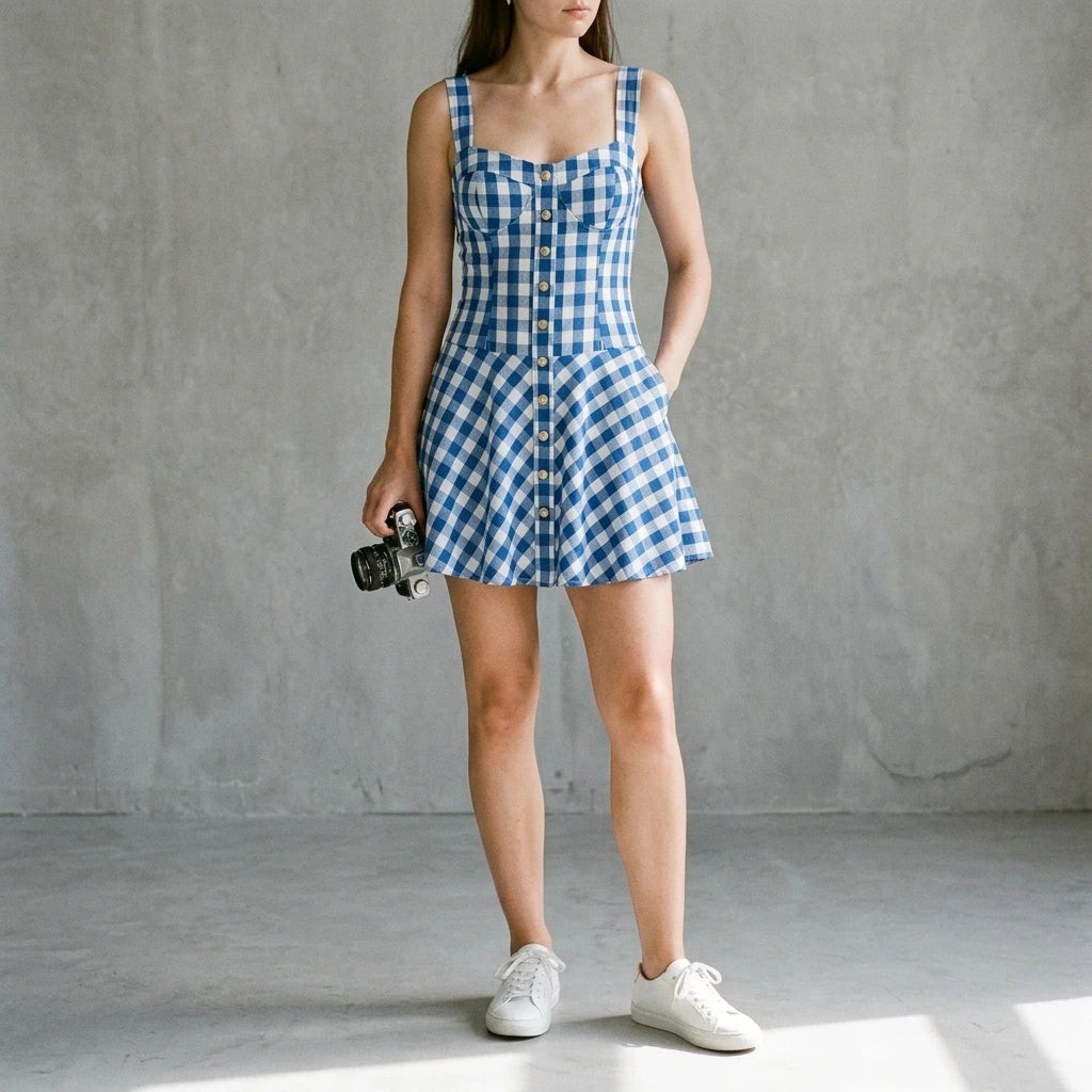 Third natural lifestyle image of a model wearing Blue Plaid Slip Mini Dress