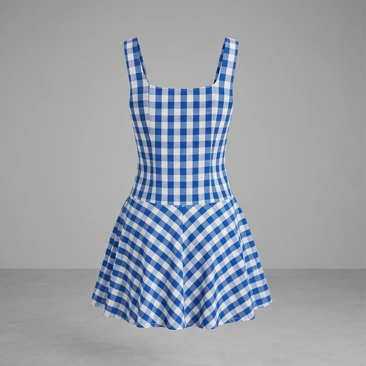 Back product-only image of Blue Plaid Slip Mini Dress