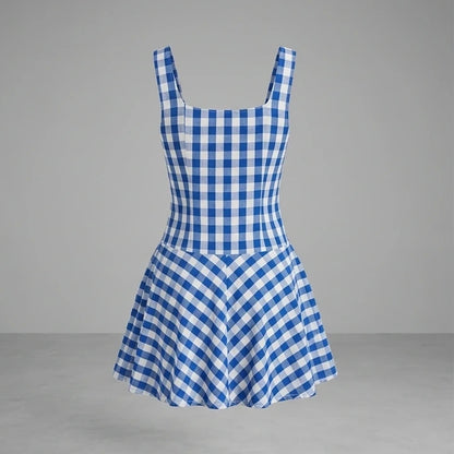 Back product-only image of Blue Plaid Slip Mini Dress