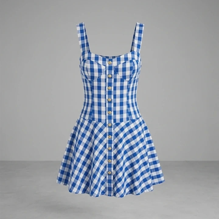 Front product-only image of Blue Plaid Slip Mini Dress