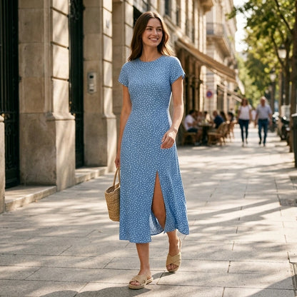 Second natural lifestyle image of a model wearing Blue Round Neck Button Slit Midi Dress