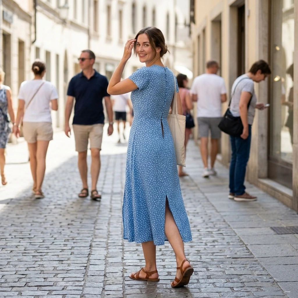 Third natural lifestyle image of a model wearing Blue Round Neck Button Slit Midi Dress
