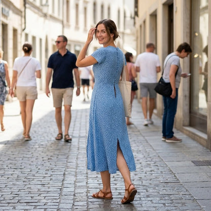 Third natural lifestyle image of a model wearing Blue Round Neck Button Slit Midi Dress