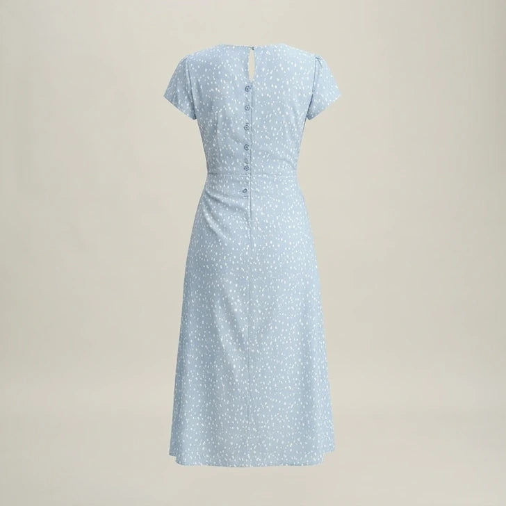 Back product-only image of Blue Round Neck Button Slit Midi Dress