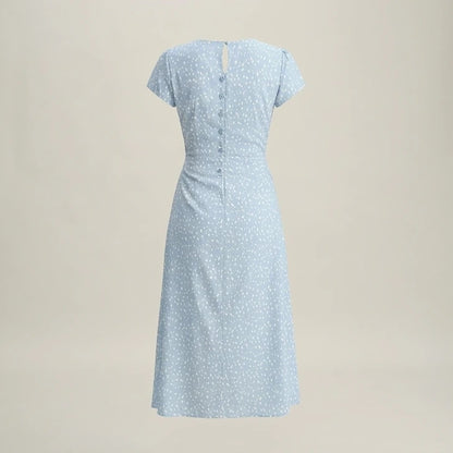 Back product-only image of Blue Round Neck Button Slit Midi Dress