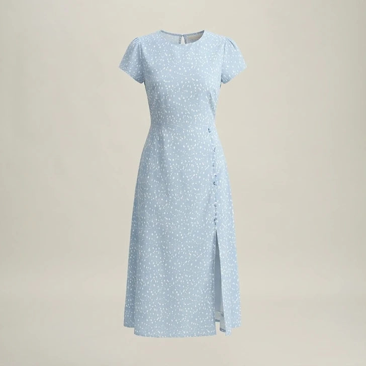 Front product-only image of Blue Round Neck Button Slit Midi Dress