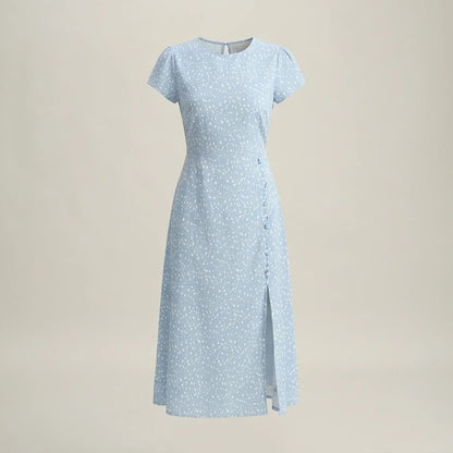 Front product-only image of Blue Round Neck Button Slit Midi Dress