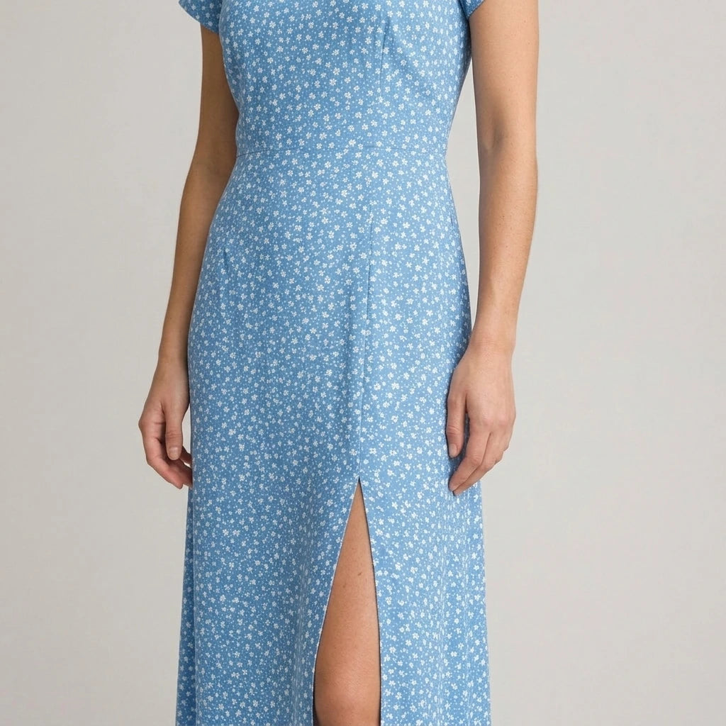 Model wearing Blue Round Neck Button Slit Midi Dress with close focus on the product