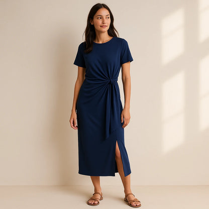 Natural lifestyle image of a model wearing Blue Ruched Sheath Maxi Dress Short Sleeve Stylish Summer