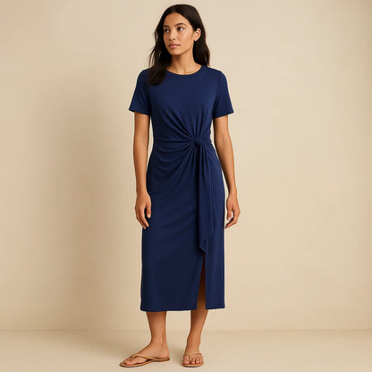 Second natural lifestyle image of a model wearing Blue Ruched Sheath Maxi Dress Short Sleeve Stylish Summer