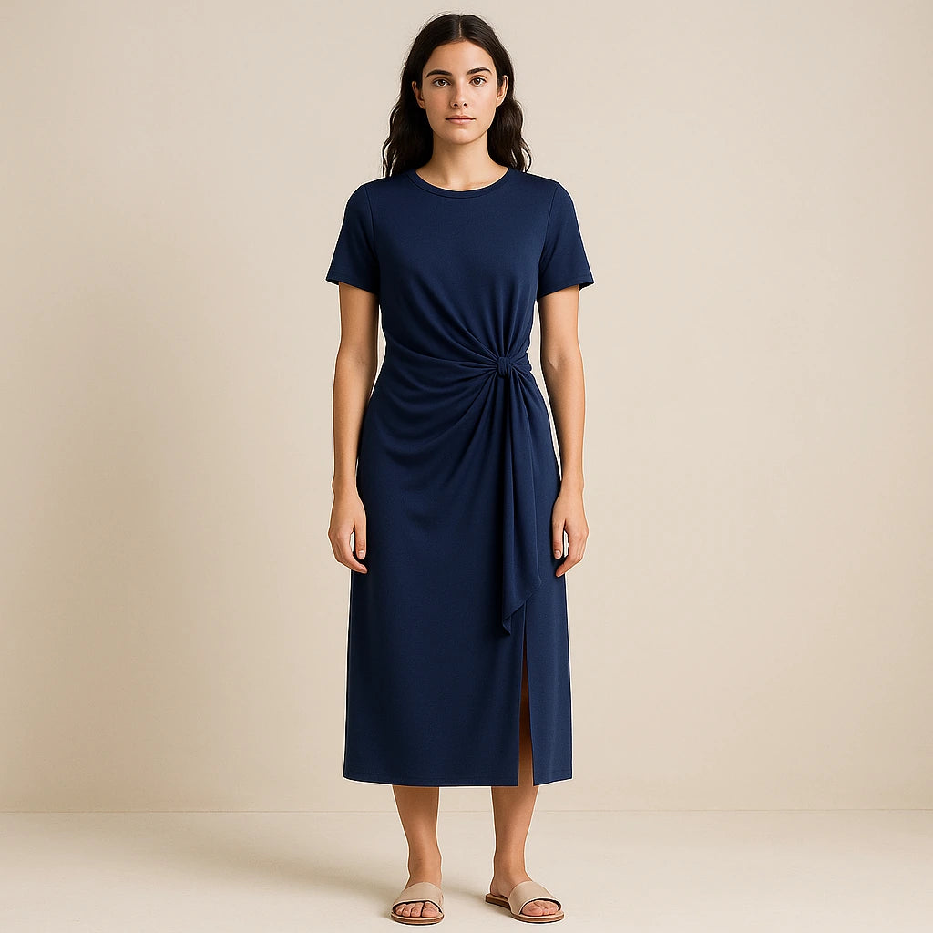 Third natural lifestyle image of a model wearing Blue Ruched Sheath Maxi Dress Short Sleeve Stylish Summer