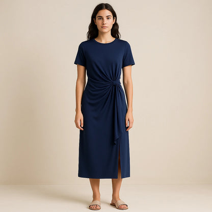 Third natural lifestyle image of a model wearing Blue Ruched Sheath Maxi Dress Short Sleeve Stylish Summer