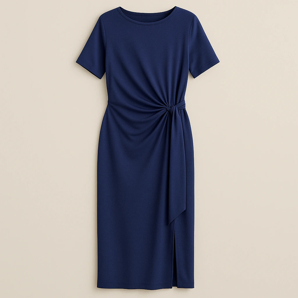Isolated product image of Blue Ruched Sheath Maxi Dress Short Sleeve Stylish Summer on simple background