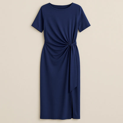 Isolated product image of Blue Ruched Sheath Maxi Dress Short Sleeve Stylish Summer on simple background