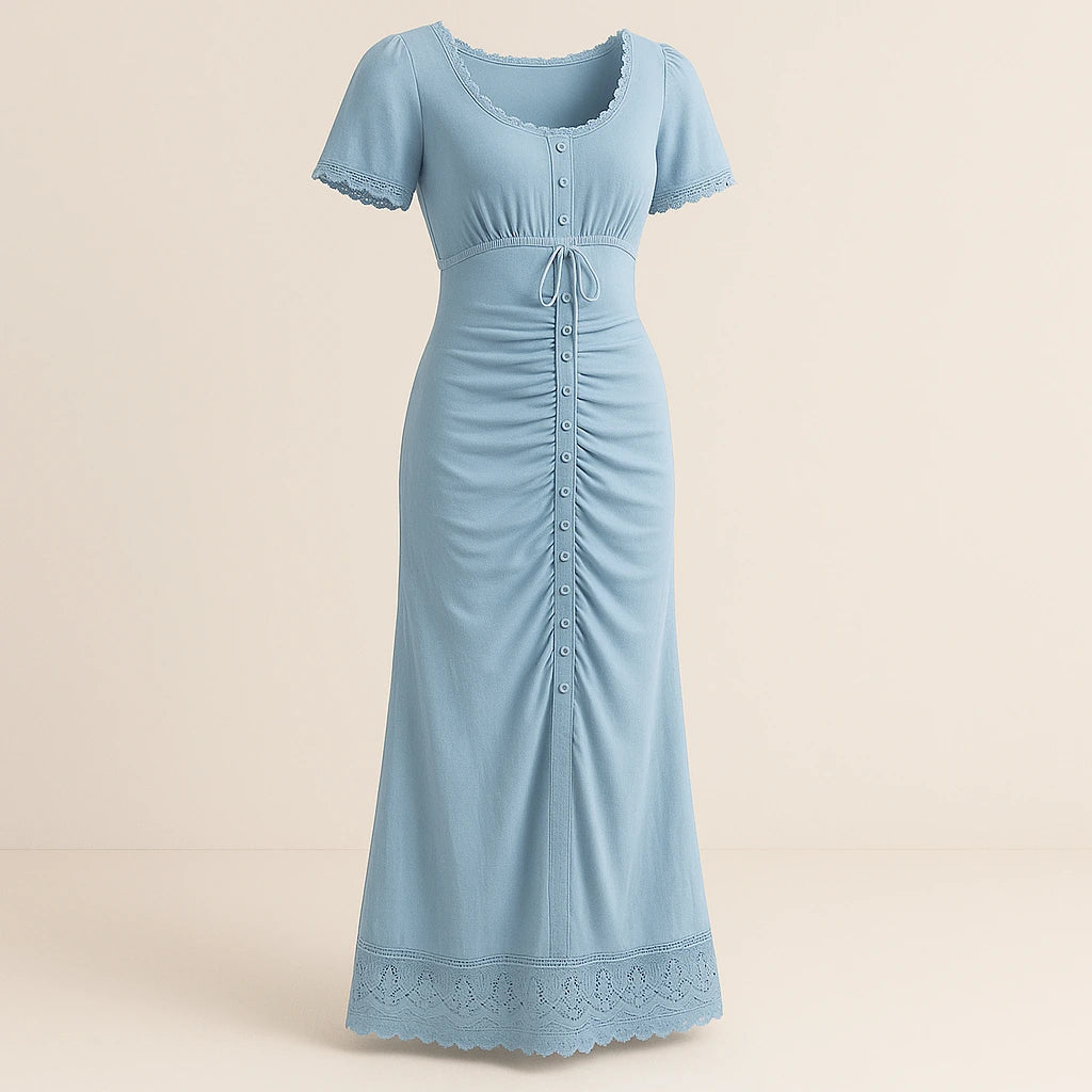 Isolated product image of Blue Ruched Sheath Maxi Dress Short Sleeve Stylish Summer, three-quarter angle view