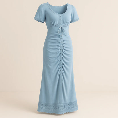 Isolated product image of Blue Ruched Sheath Maxi Dress Short Sleeve Stylish Summer, three-quarter angle view