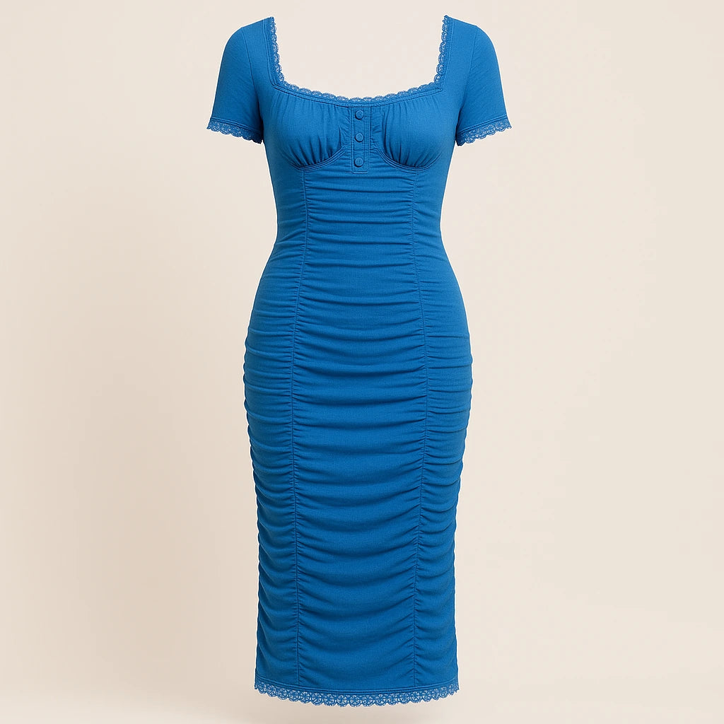 Isolated product image of Blue Ruched Sheath Maxi Dress Short Sleeve Stylish Summer, front view