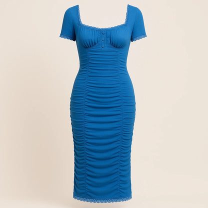 Isolated product image of Blue Ruched Sheath Maxi Dress Short Sleeve Stylish Summer, front view
