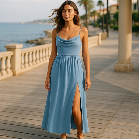 Natural lifestyle image of a model wearing Blue Ruched Slip Maxi Dress Sheath Sleeveless Polyester Occasion Summer