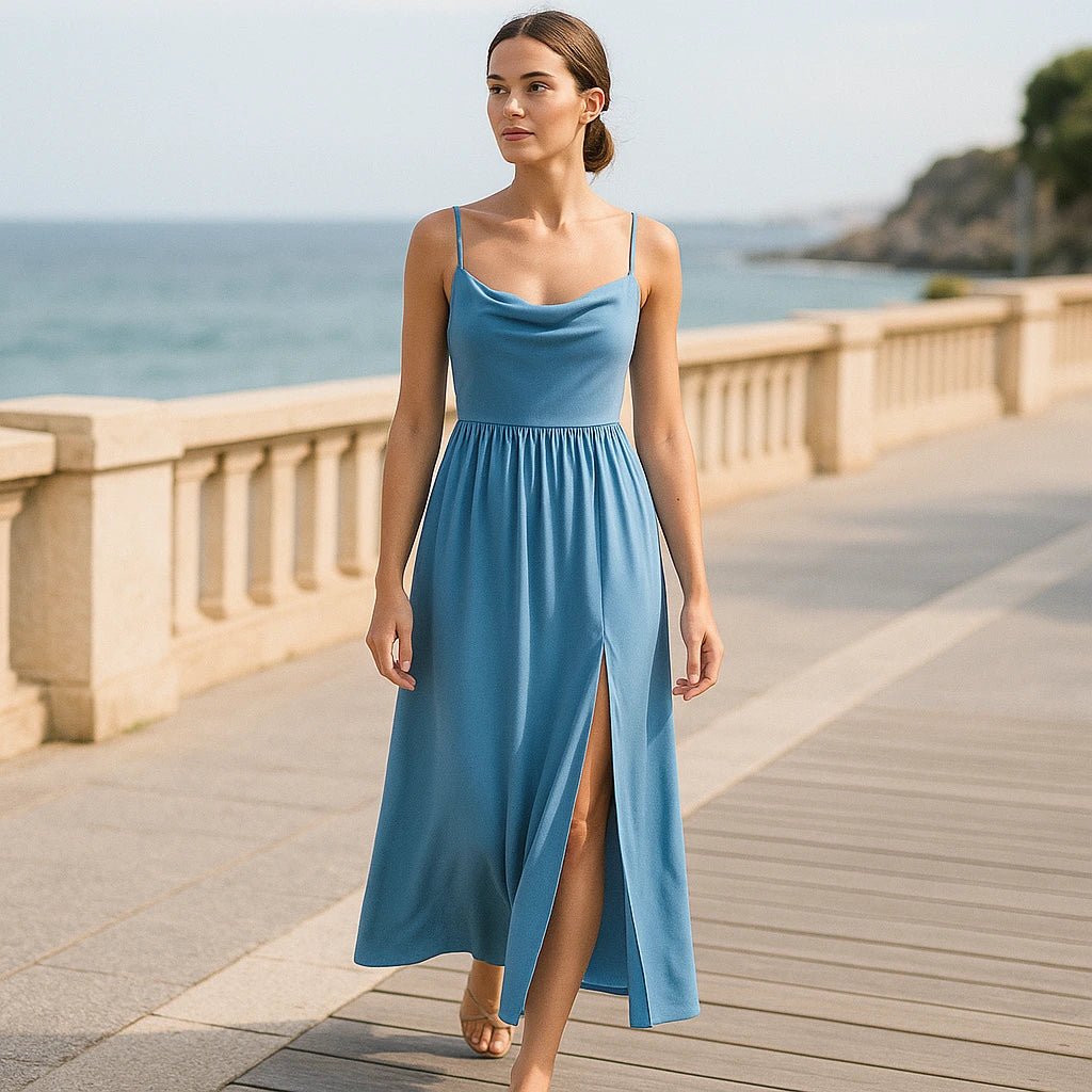 Second natural lifestyle image of a model wearing Blue Ruched Slip Maxi Dress Sheath Sleeveless Polyester Occasion Summer