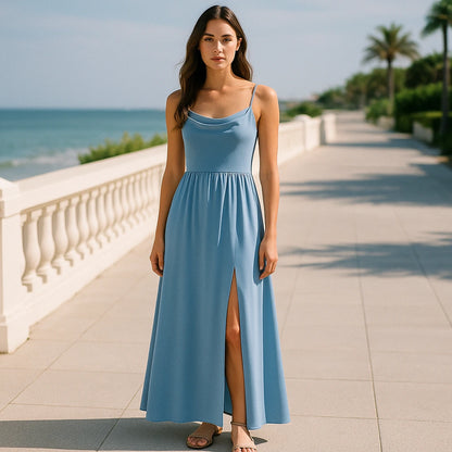 Third natural lifestyle image of a model wearing Blue Ruched Slip Maxi Dress Sheath Sleeveless Polyester Occasion Summer
