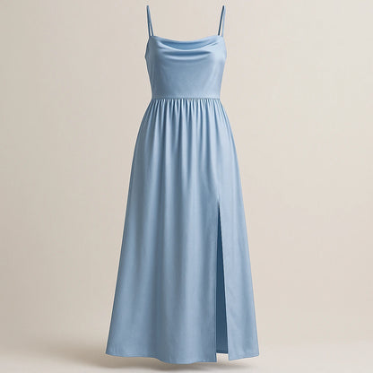 Isolated product image of Blue Ruched Slip Maxi Dress Sheath Sleeveless Polyester Occasion Summer on simple background