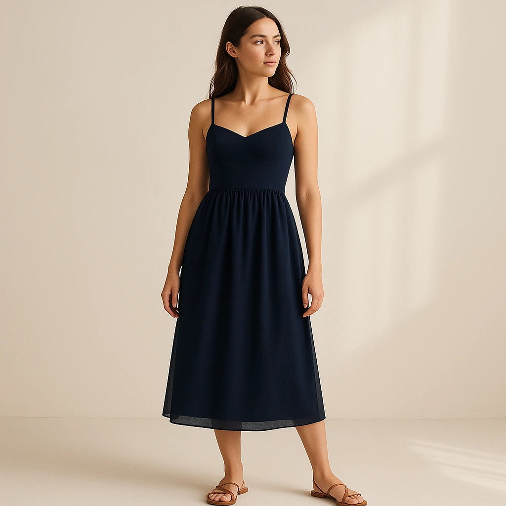 Natural lifestyle image of a model wearing Blue Shirred Slip Maxi Dress Flowy High Waist Sleeveless Mesh Occasion Summer