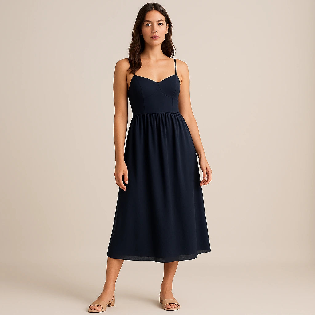 Second natural lifestyle image of a model wearing Blue Shirred Slip Maxi Dress Flowy High Waist Sleeveless Mesh Occasion Summer