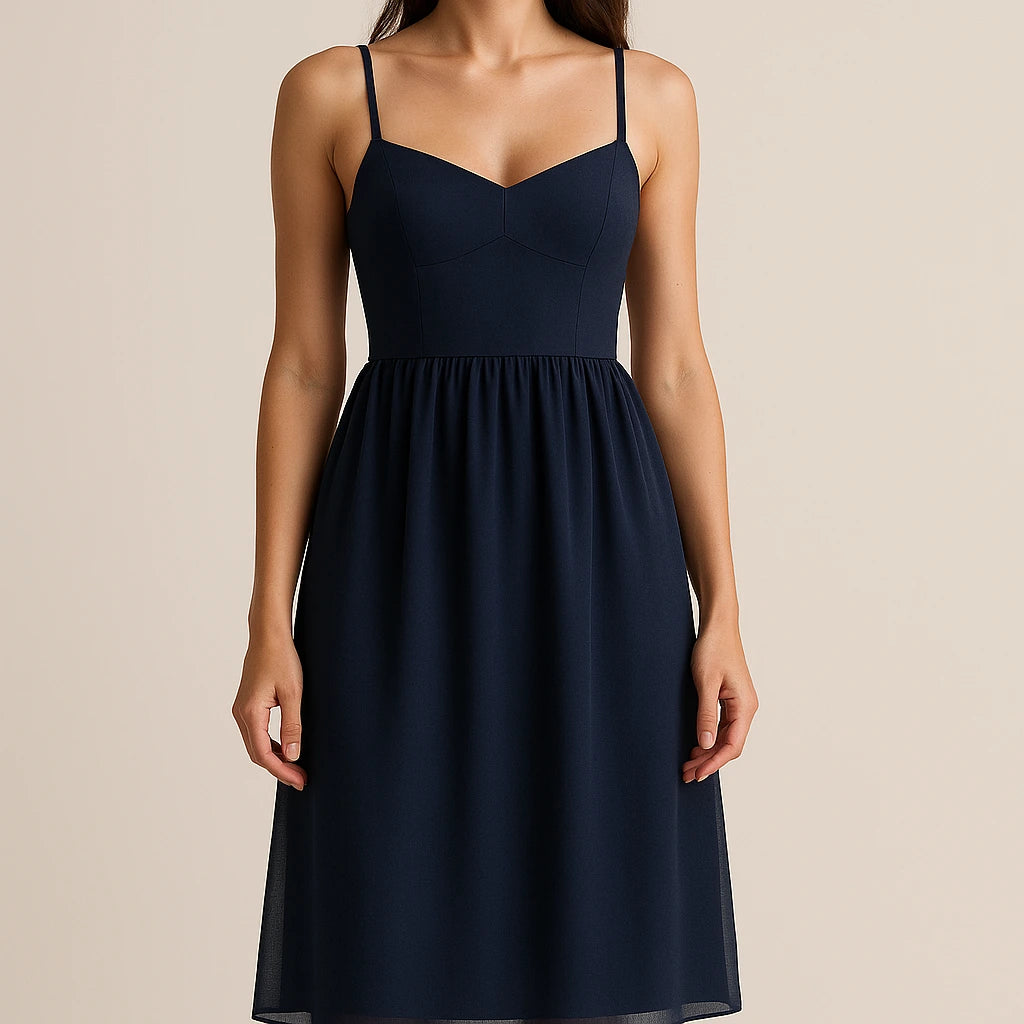 Model wearing Blue Shirred Slip Maxi Dress Flowy High Waist Sleeveless Mesh Occasion Summer with close focus on the product