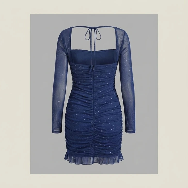 Back product-only image of blue-square-neck-tunic-mini-dress