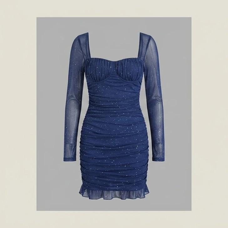 Front product-only image of blue-square-neck-tunic-mini-dress