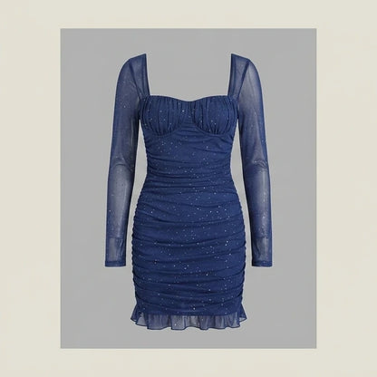 Front product-only image of blue-square-neck-tunic-mini-dress