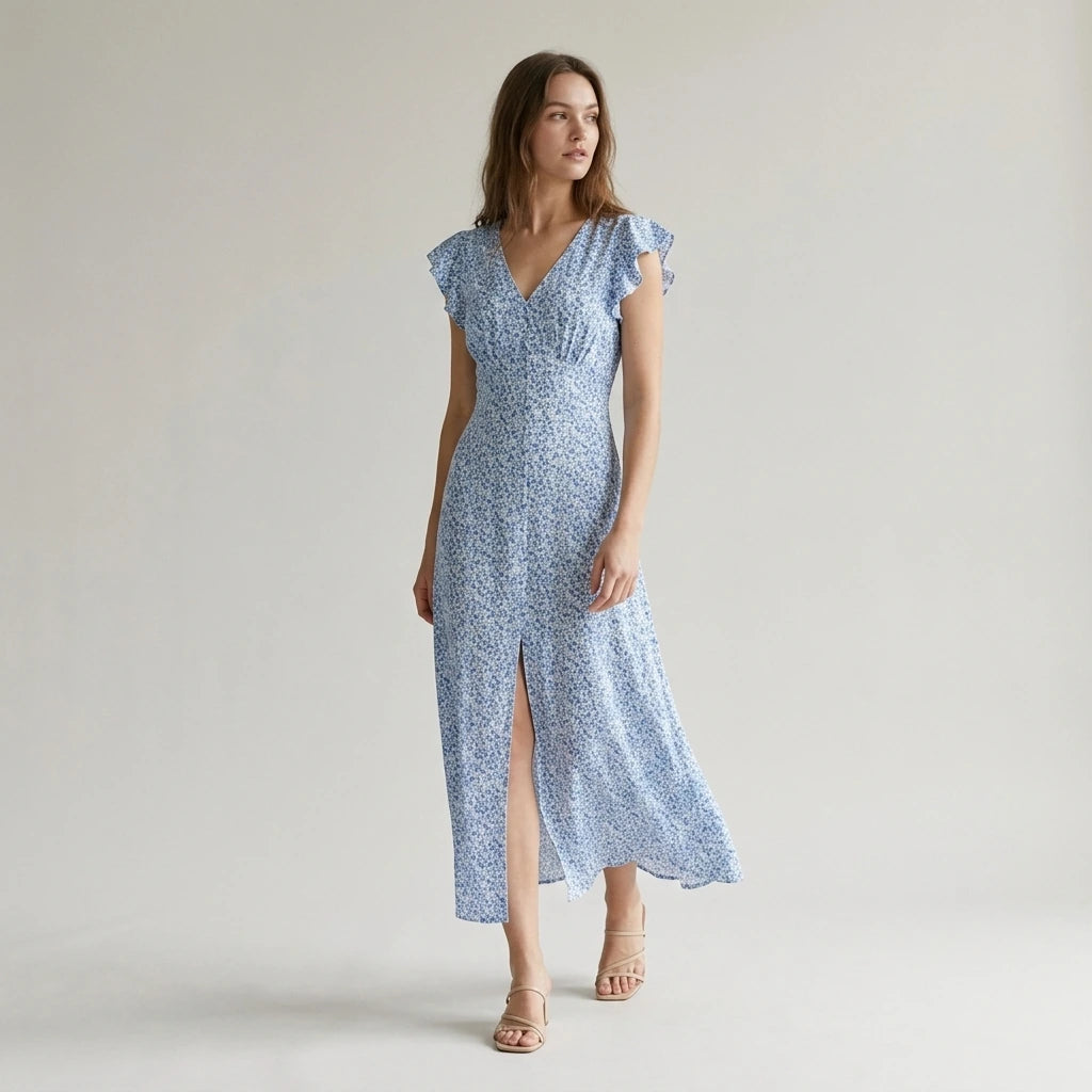 Second natural lifestyle image of a model wearing blue-v-neck-tie-floral-maxi-dress