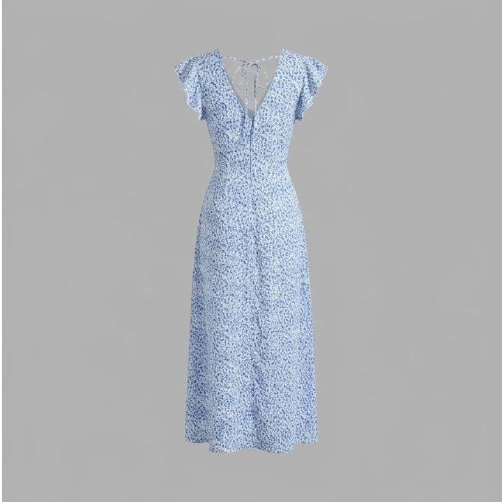 Back product-only image of blue-v-neck-tie-floral-maxi-dress