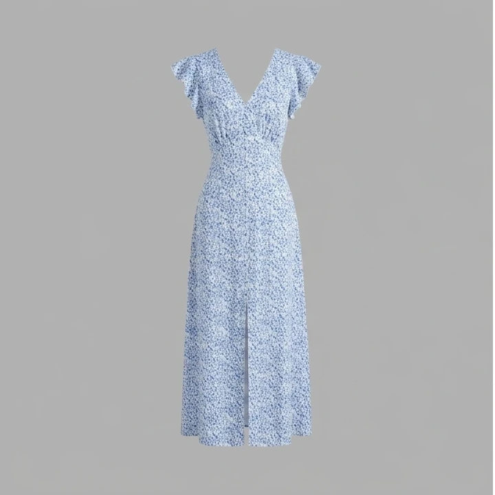 Front product-only image of blue-v-neck-tie-floral-maxi-dress