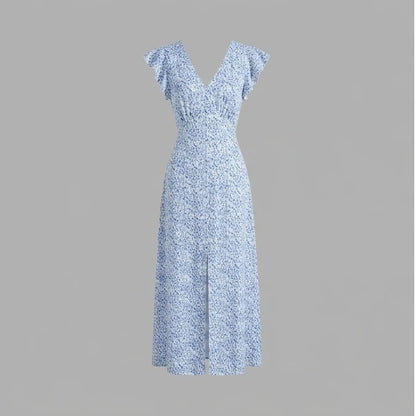 Front product-only image of blue-v-neck-tie-floral-maxi-dress