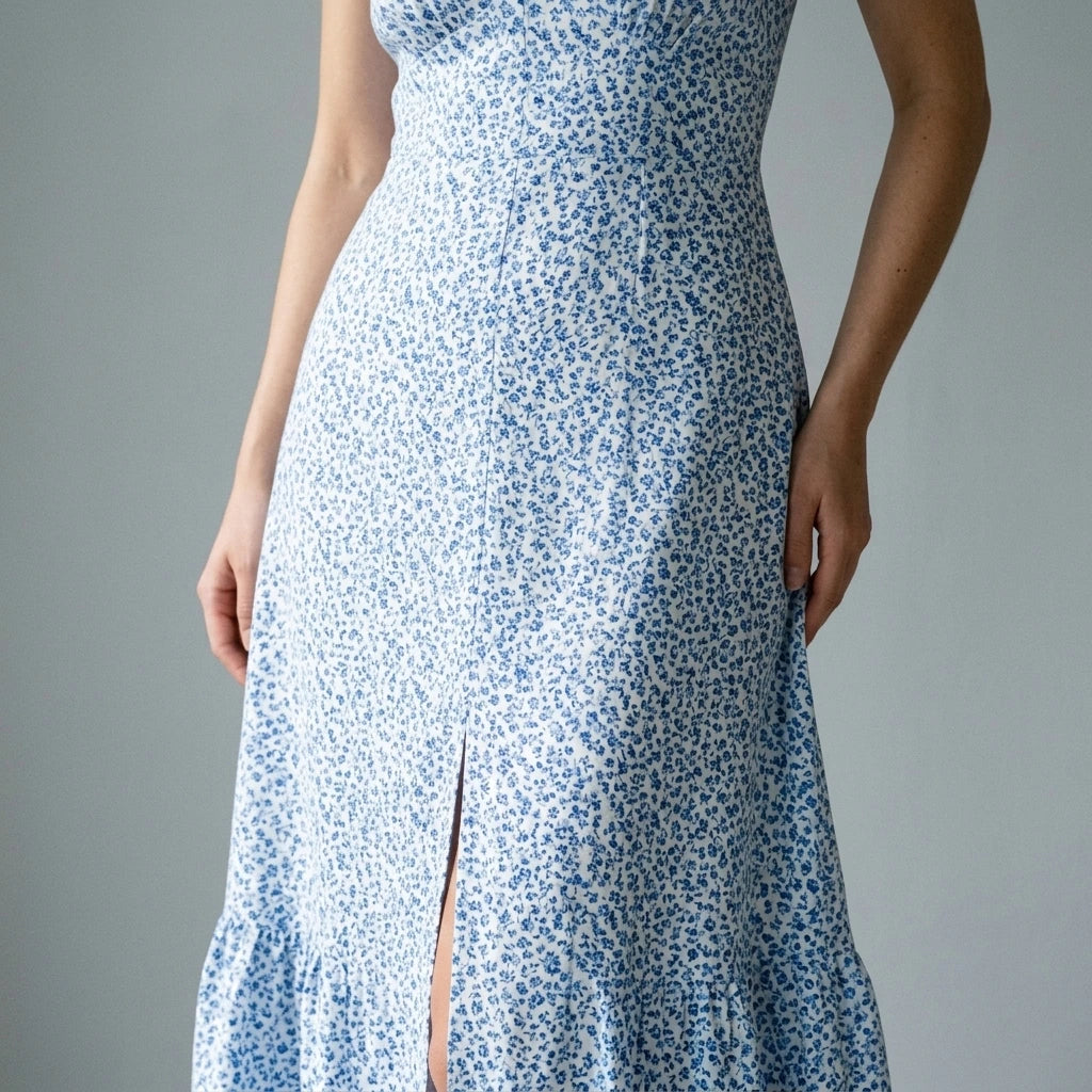 Model wearing blue-v-neck-tie-floral-maxi-dress with close focus on the product
