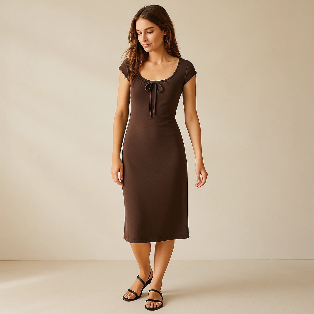 Natural lifestyle image of a model wearing Brown Boat Neck Cap Sleeve Midi Dress Ruched Sheath Knit