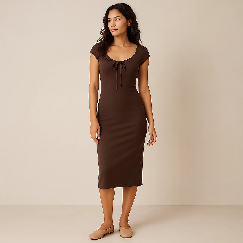Second natural lifestyle image of a model wearing Brown Boat Neck Cap Sleeve Midi Dress Ruched Sheath Knit