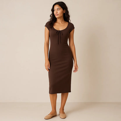 Second natural lifestyle image of a model wearing Brown Boat Neck Cap Sleeve Midi Dress Ruched Sheath Knit