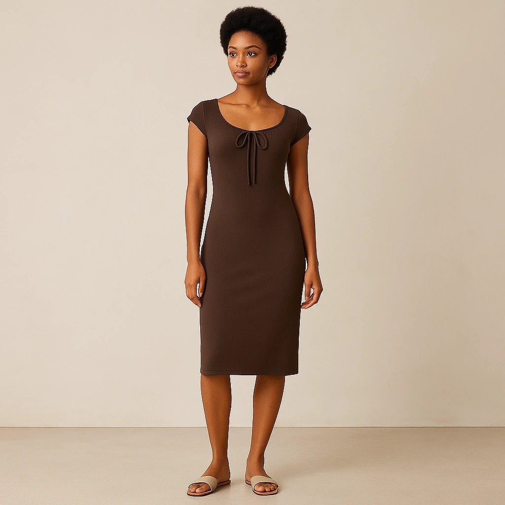 Third natural lifestyle image of a model wearing Brown Boat Neck Cap Sleeve Midi Dress Ruched Sheath Knit