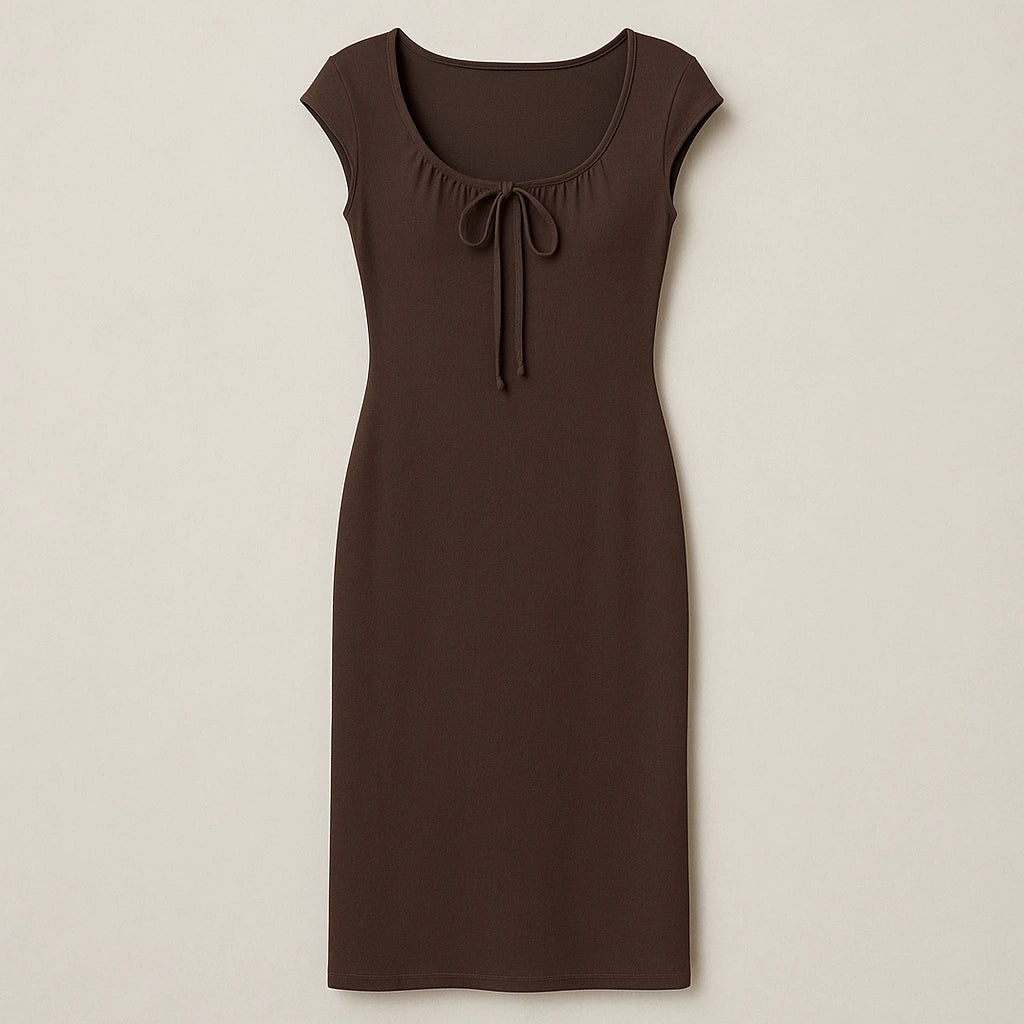 Isolated product image of Brown Boat Neck Cap Sleeve Midi Dress Ruched Sheath Knit on simple background