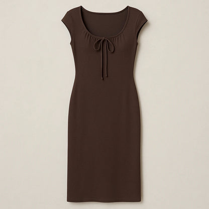 Isolated product image of Brown Boat Neck Cap Sleeve Midi Dress Ruched Sheath Knit on simple background