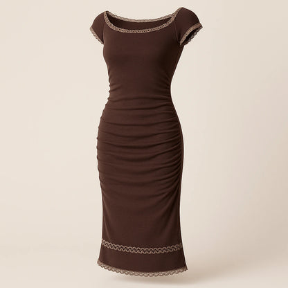 Isolated product image of Brown Boat Neck Cap Sleeve Midi Dress Ruched Sheath Knit, three-quarter angle view