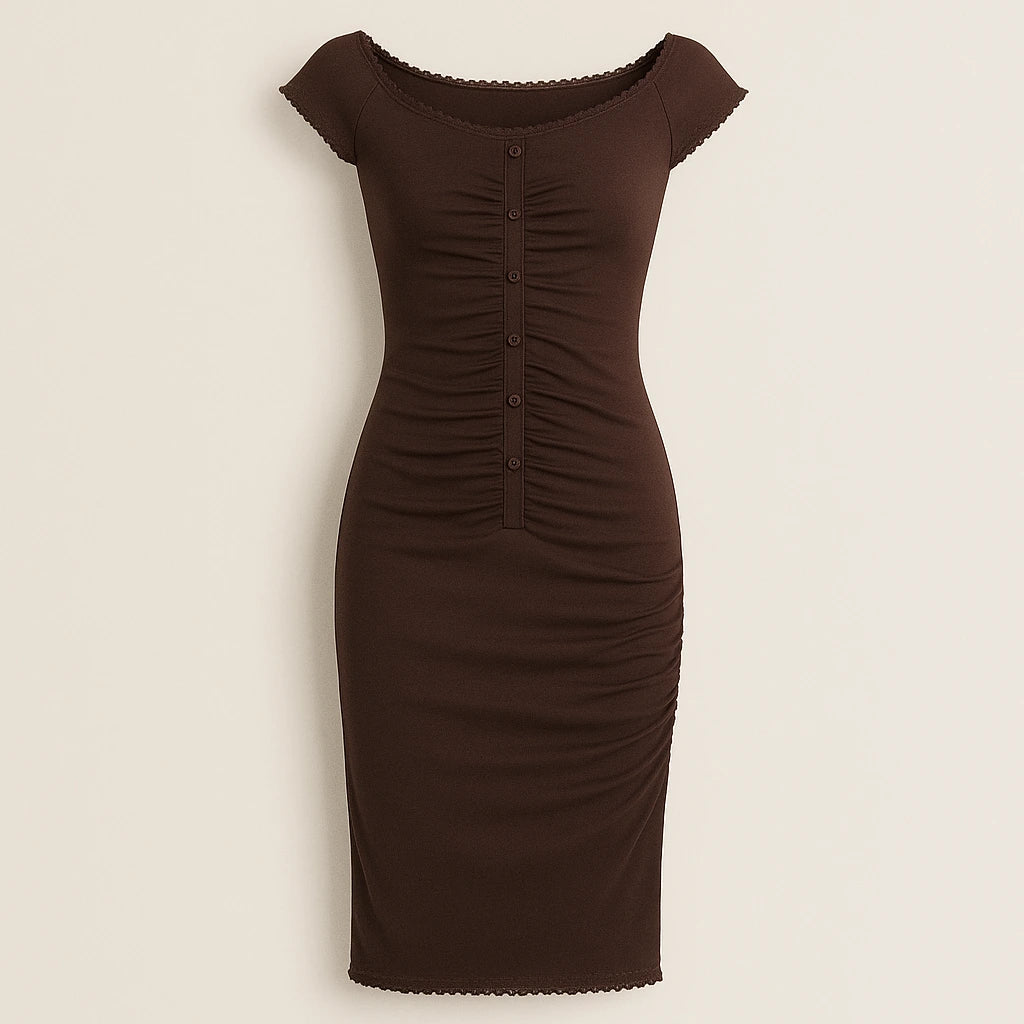 Isolated product image of Brown Boat Neck Cap Sleeve Midi Dress Ruched Sheath Knit, front view