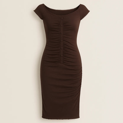 Isolated product image of Brown Boat Neck Cap Sleeve Midi Dress Ruched Sheath Knit, front view