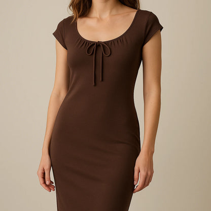 Model wearing Brown Boat Neck Cap Sleeve Midi Dress Ruched Sheath Knit with close focus on the product