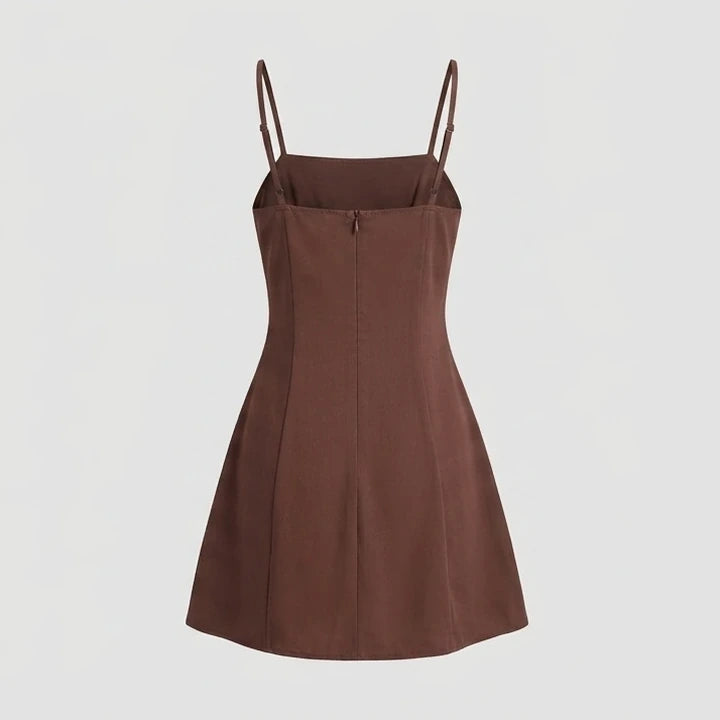Back product-only image of Brown Button Pleated Slip Mini Dress