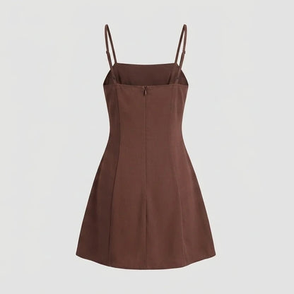 Back product-only image of Brown Button Pleated Slip Mini Dress